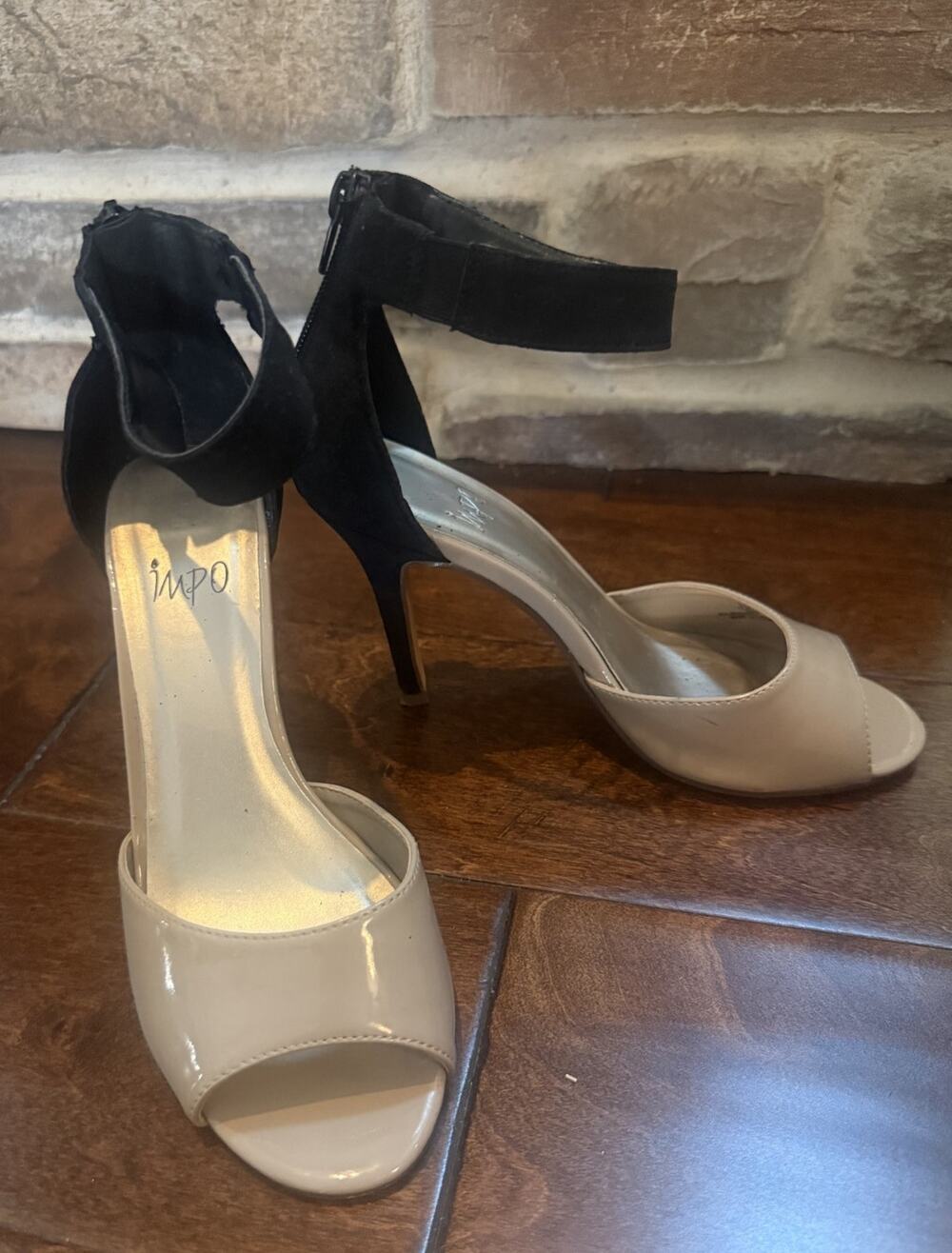 IMPO Colorblock Nude Black Patent Ankle Strap Open Toe High Heel Sandals 7M